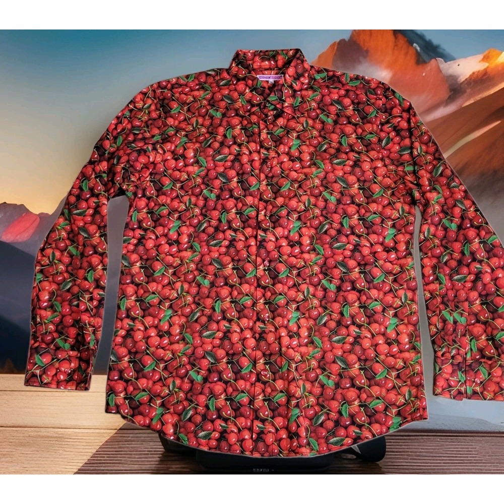 🍒Coton Doux Shirt Mens 42/16½ Cherry All Over Print Long Sleeve Button Down